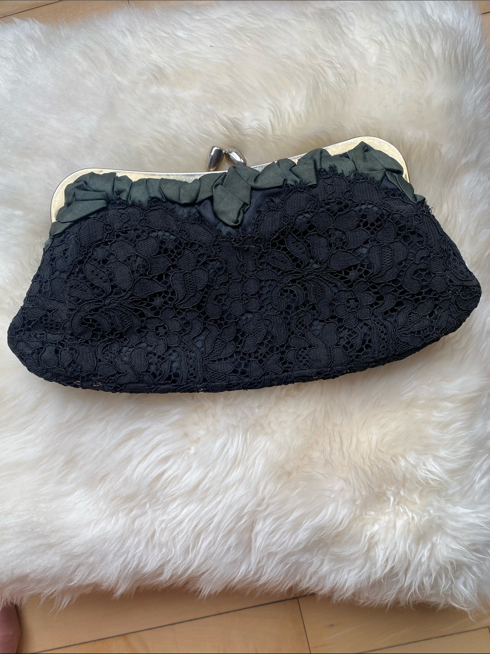 Vintage Small Evening Clutch in  Black Lace Gold metal frame